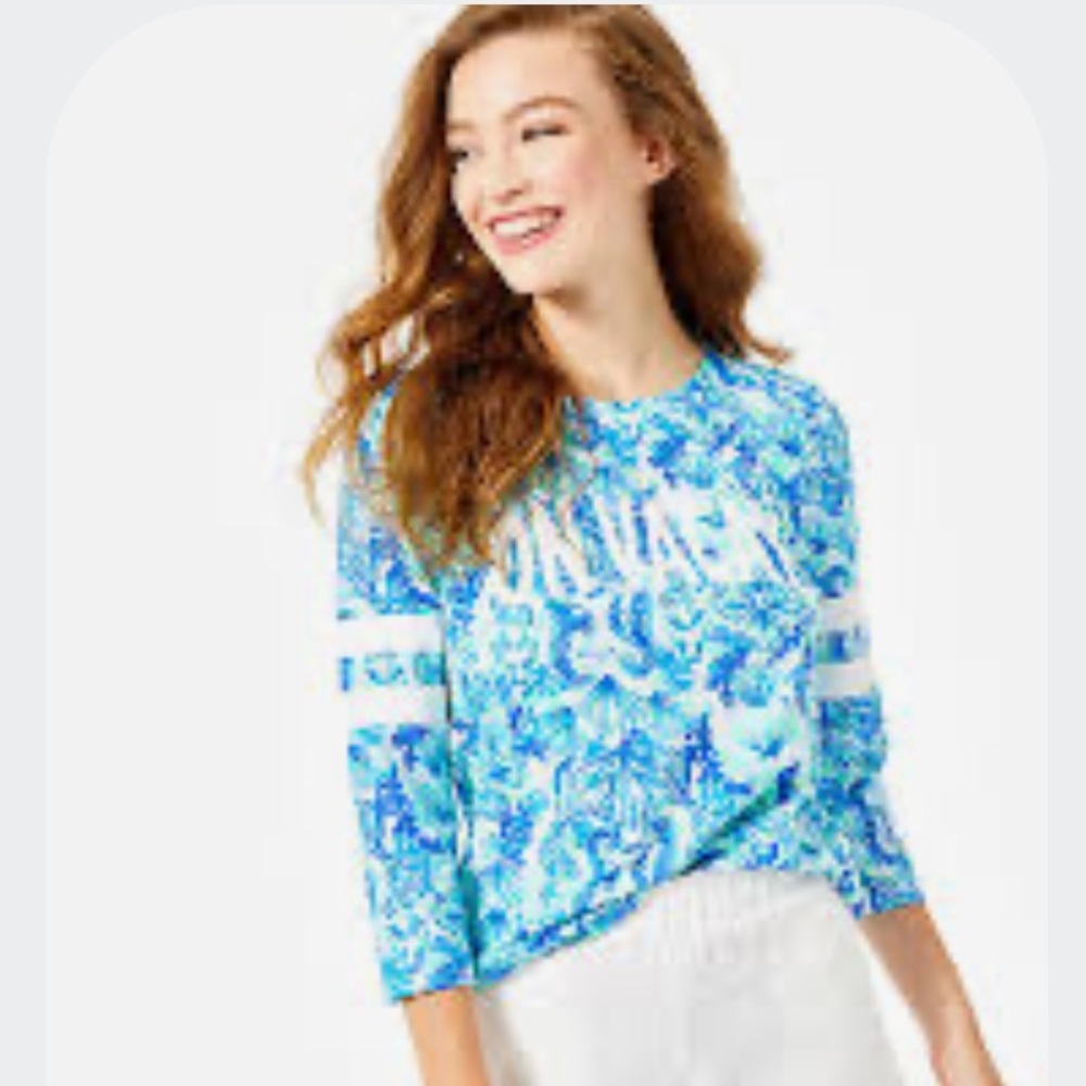 Lilly Pulitzer Mermaid Ollie Blue Teal White “Seeing Double” M Long Sleeve Top - Picture 12 of 12